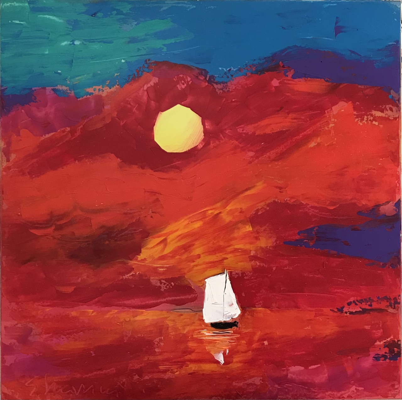 Quadro del pittore Eugenio Guarini - 2080 Vela chiara sotto un cielo di fuoco