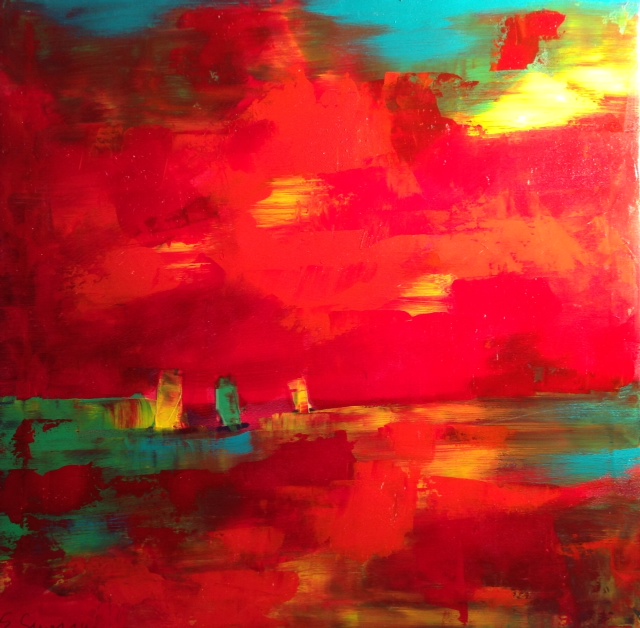 Quadro del pittore Eugenio Guarini - 2147 Vele colorate sotto un cielo rosso