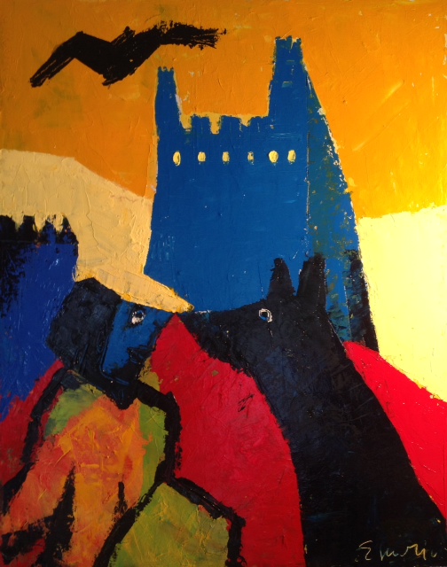 Quadro del pittore Eugenio Guarini - 1020 Il lupo, il cavaliere, il castello e lo sparviero
